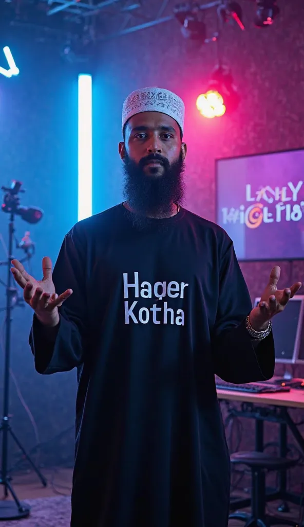 (1656666500 )A Bangladeshi man is confidently standing in his YouTube studio. He is wearing a black Panjabi with the words "Haqer Kotha" written in bold letters on it. He has a long beard on his face and is wearing a beautifully styled white cap on his hea...