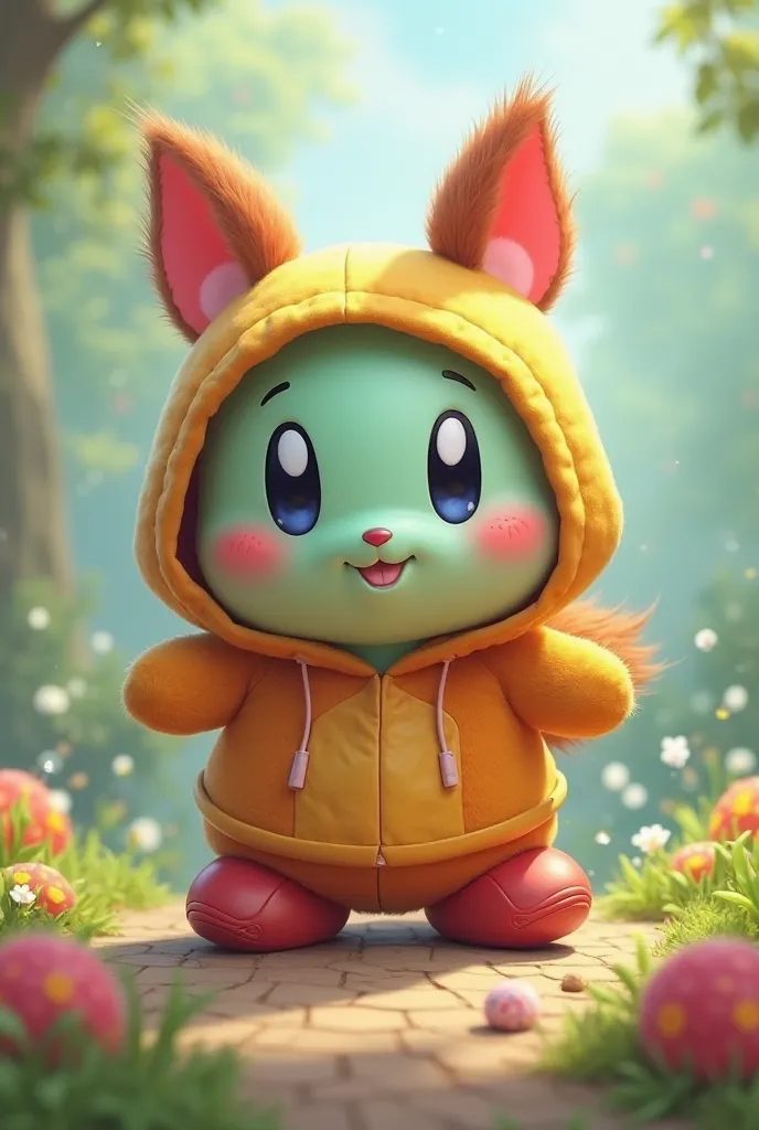 Kirby from Nintendo with ear and squirrel syrup , Round , with light green skin wearing sports hoodie