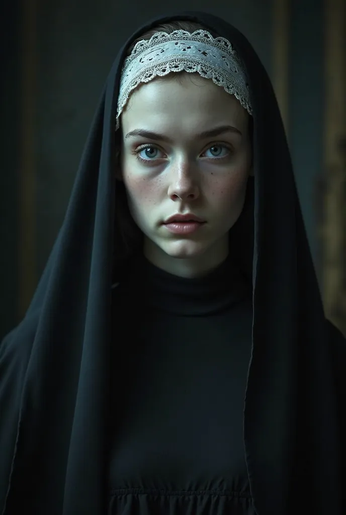 A young woman with pale features and deep eyes wears a black nun's habit, with a dark veil and a white cap adorned with delicate lace. Her expression is serious and introspective , conveying a sense of melancholy and mystery. The soft and cold lighting hig...