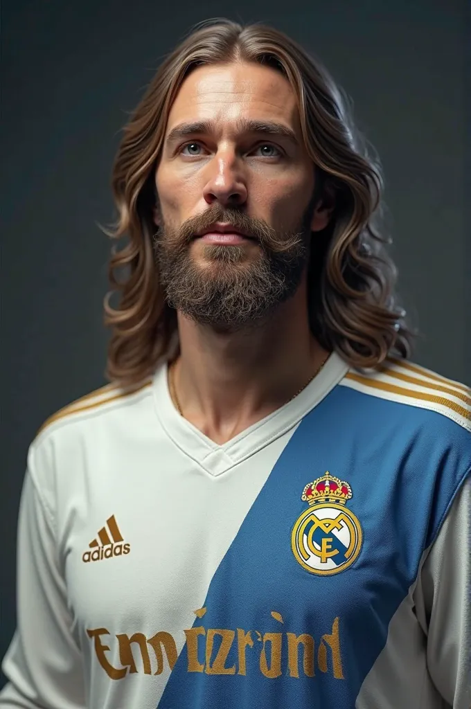 An image of Jesus wearing the Real Madrid jersey