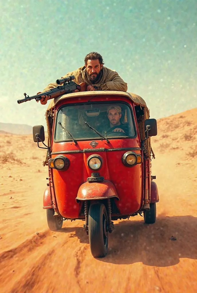 The good seth driving red  tuk tuk and  his weapon on on top of tuktuk in desert