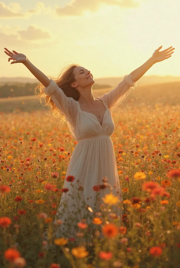 A woman with open arms ,  Eyes closed, Feeling the wind touch your face in the middle of a field of wild flowers.  Your expression transmits peace ,  as if they were surrendering their concerns to God.