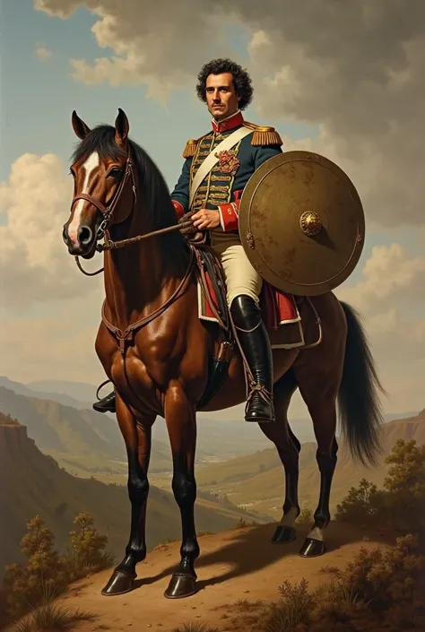 Manuel Belgrano with curly hair middle age on horseback with a shield