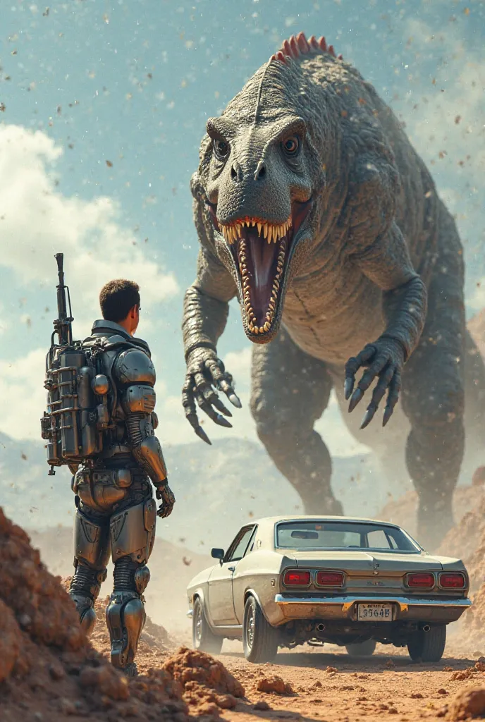 A man next to a car seeing a robot fighting a dinosaur