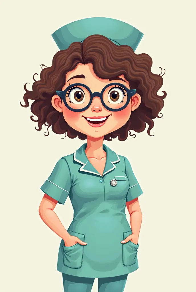 Draw a cartoon style drawing of a slightly fat brunette nurse with short curly brown hair who wears round glasses with pointed ends 