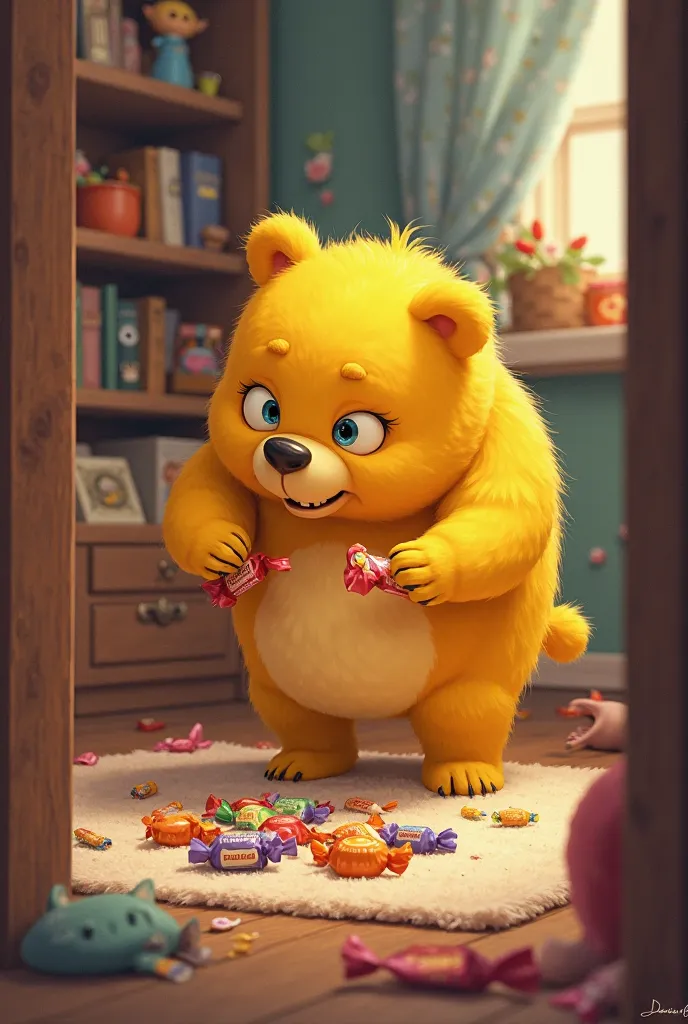 Yellow bear stealing candy from the room.  