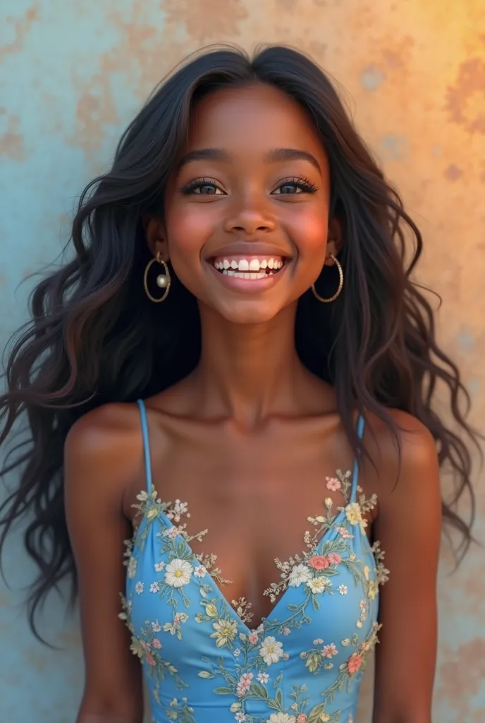 happy and excited ,black girl with long black hair and slanted eyes wearing a blue floral dress 