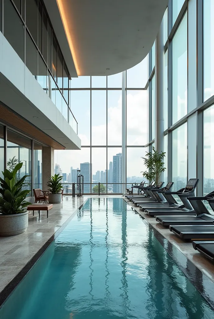 3D realistic Rooftop Gym:

Modern gym equipment with large windows offering scenic views while working out.
Glass walls for a transparent view from the gym to the pool area.