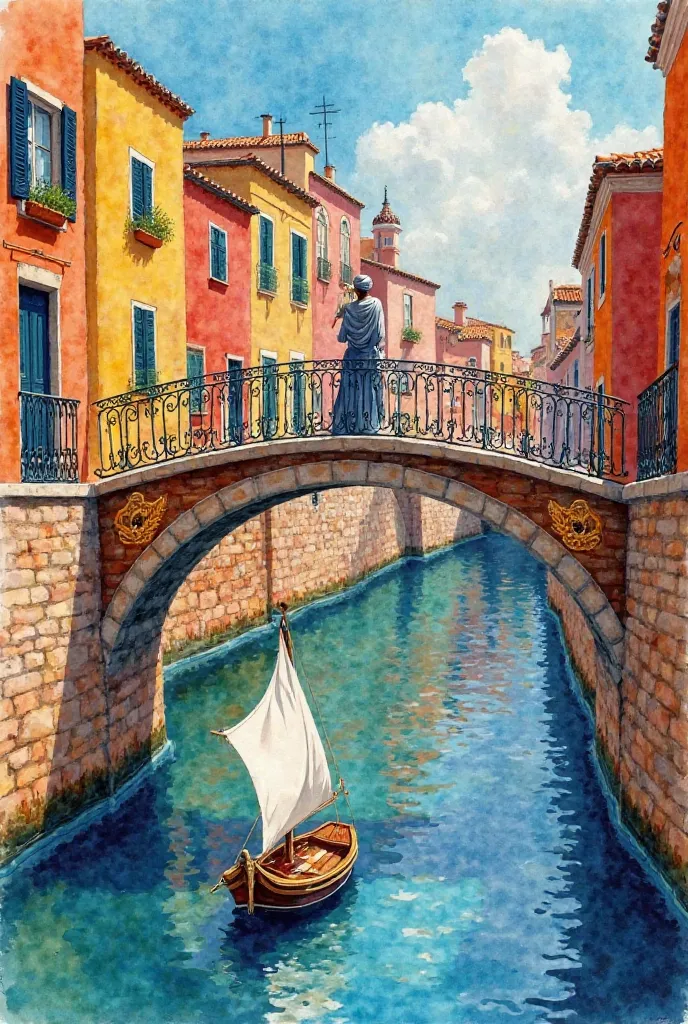 A colorful watercolor painting of colorful buildings on the banks of a river in the Spanish city of Girona. In the background, historical houses are brightly colored. In the middle of the scene is a metal or stone bridge topped by an Egyptian man wearing a...