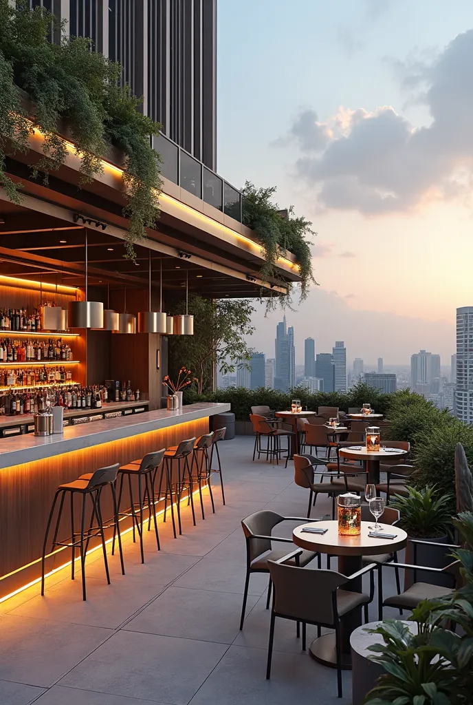 3D realistic Sky Bar & Lounge:

Outdoor bar with high stools, modern bar tables, and a sleek design.
Seating Area with luxury lounge furniture, perfect for social gatherings.