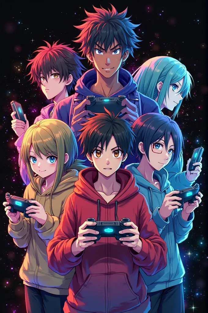 Anime-style video game players from different parts of the world with black background and text "gamers from around the world" About the photo