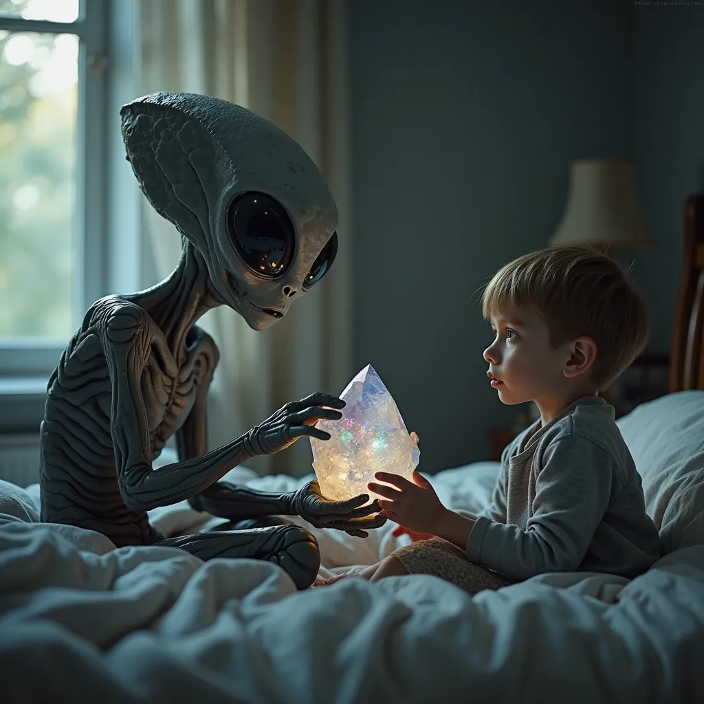 Hyperrealistic image with depth of field and in high definition, 4k,  with textures and details .  outfit. Cinematic Lighting. masterpiece. 
A gray alien being, with big black eyes and a big head, moist and very thin skin, looks blankly at a boy of about  ...