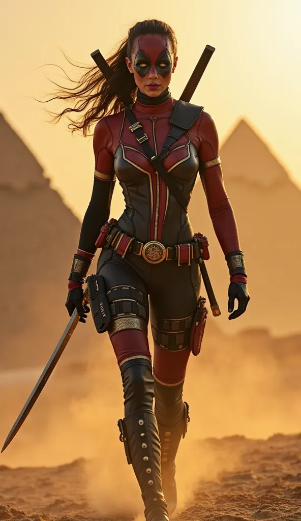 A striking female figure moves forward with a regal yet deadly presence. She wears a Deadpool-inspired suit designed in Egypt’s flag colors—black as the base, with red highlights and gold accents forming subtle hieroglyphic patterns along her arms and legs...