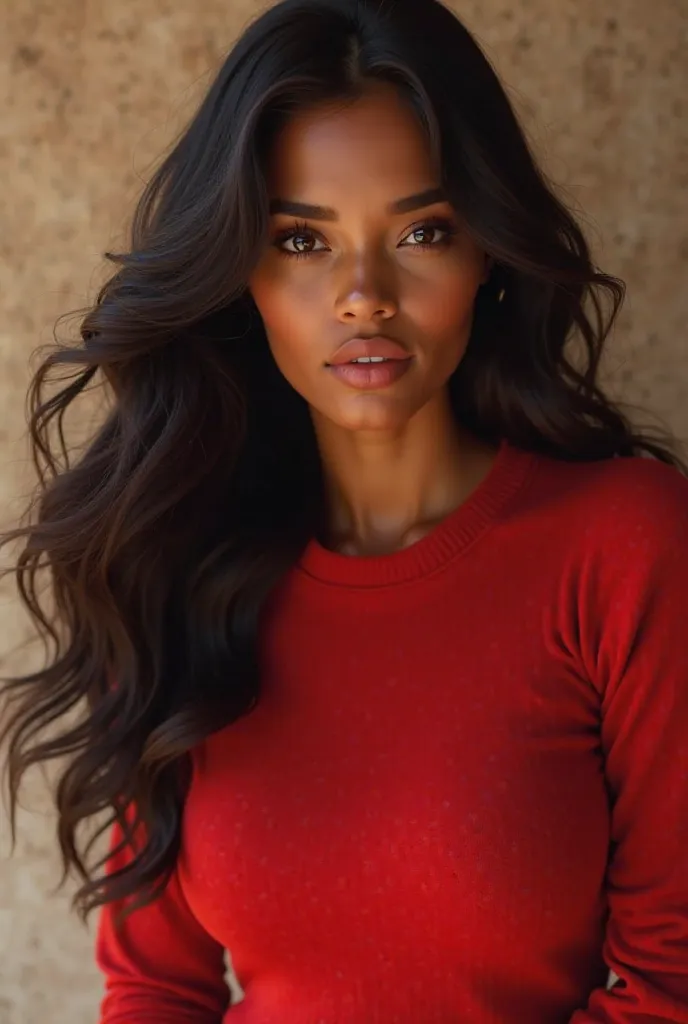 A young 20-year-old woman with radiant brown skin, long black hair, light eyes, a slender body, has big buttocks, plump breasts and wears a red sweater.