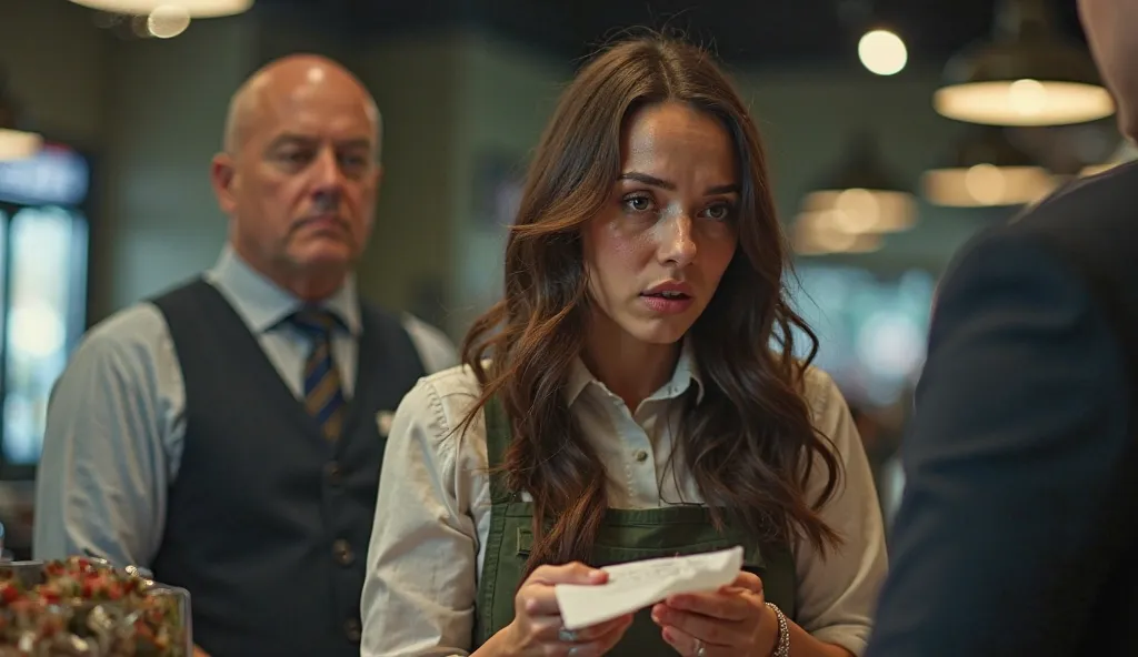 A dramatic image of the cashier at the register, crying with tears, and the undercover CEO standing behind her, looking stunned.