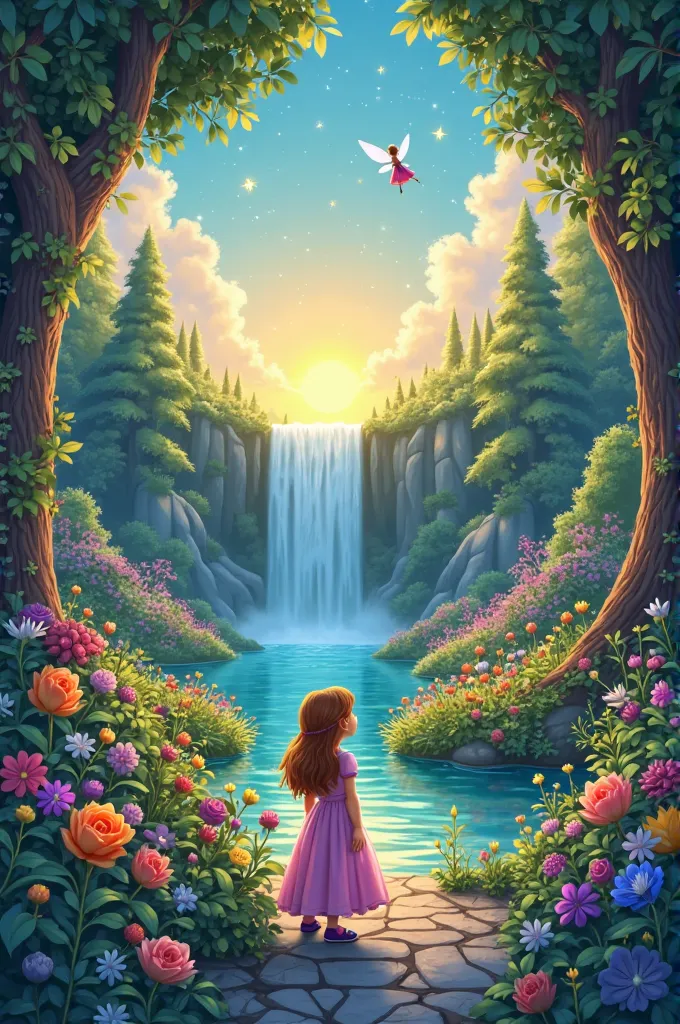 Make a cartoon based on this story "A little princess Sofia e o Jardim Mágico

No Reino de Enchancia, a little princess Sofia estava explorando o jardim do castelo. She had heard of a magical garden hidden behind a waterfall.

Sofia followed the sound of t...