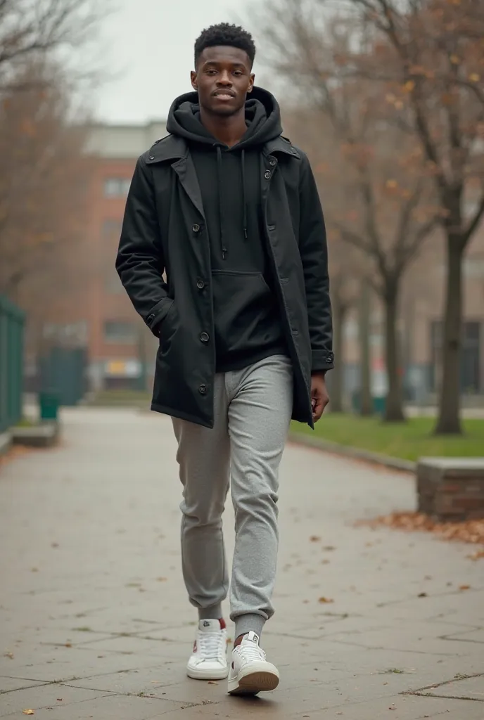 Create an image of a good-looking young black man walking in a school, Sitting in a laser park. These parts must be somewhat obfuscated in order to focus attention only on the young person.. The young person must be dressed in a black sports coat, gray spo...