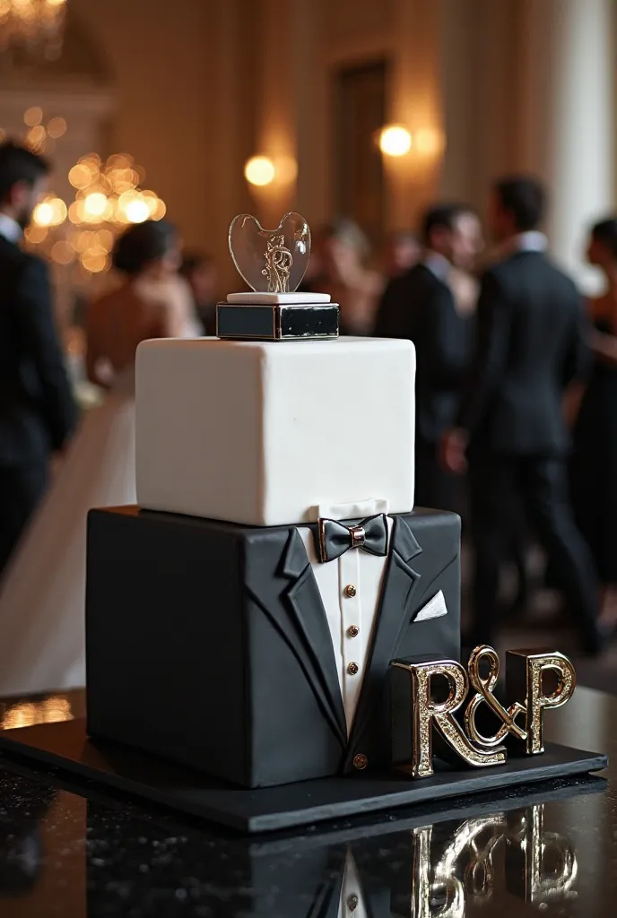  hyperrealism: cube cake two levels; Pastel de Bajo Negro, simulating a tuxedo, White top cake simulating a wedding dress. In the base it is written with letters in 3d and standing the letters R&P in glossy black acrylic mirror In the lower right corner. O...