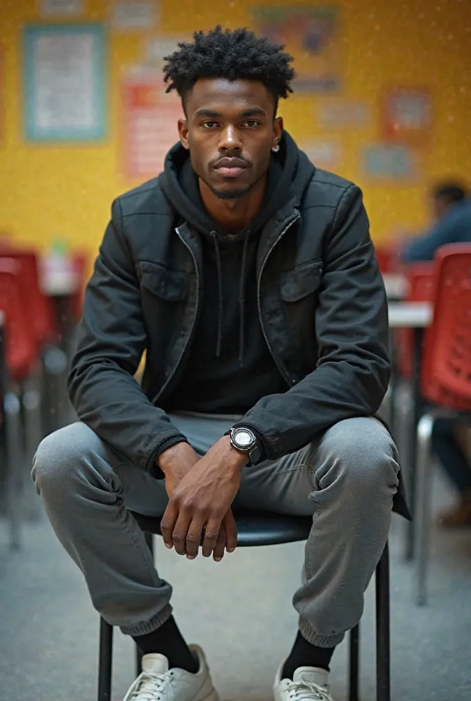 Create an image of a good-looking young black man at a school, Sitting in a chair running in a laser park. The young person must be dressed in a black sports coat, gray sports pants and white sneakers. The colors in the photo should be less vivid, if possi...