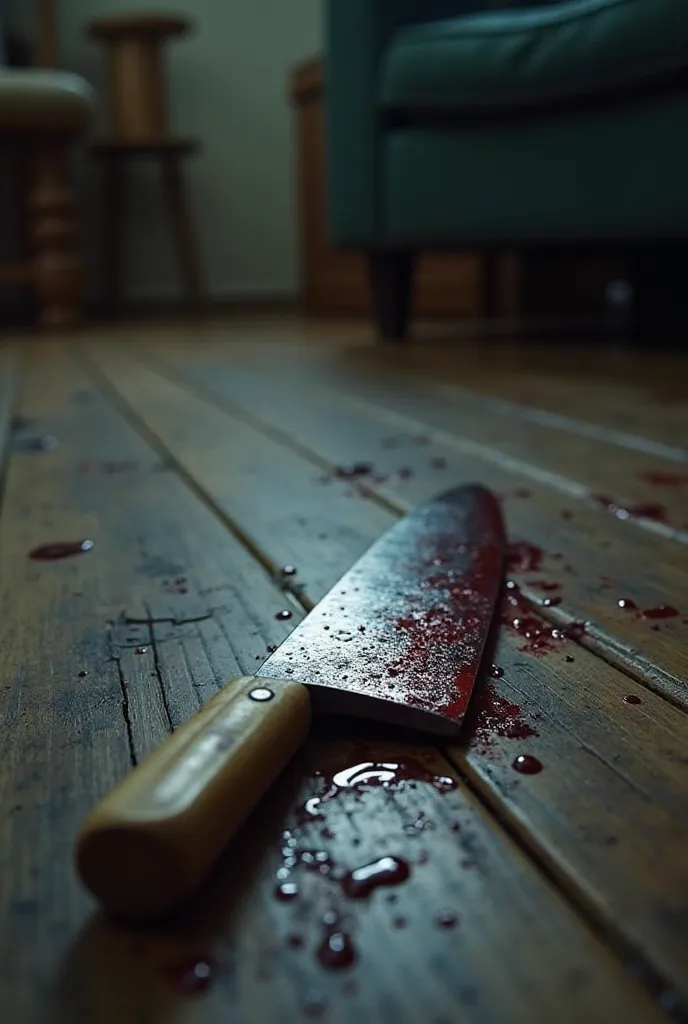 a 20 cm kitchen knife, wooden handle and blade with blood, it is on the living room floor.