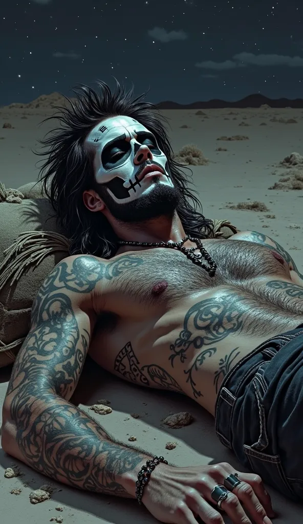 A vibrant illustration of a handsome rocker wearing skull pajamas, his face painted like a Day of the Dead skull, a long beard, numerous tattoos, and a stylish haircut, lying down on a dark desert night. A terrifying image. Super resolution, high quality, ...