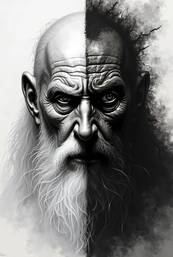 Create an image of half of Gordoff's face, the white Lord of the Rings and the other half of Sauro in a black and white drawing