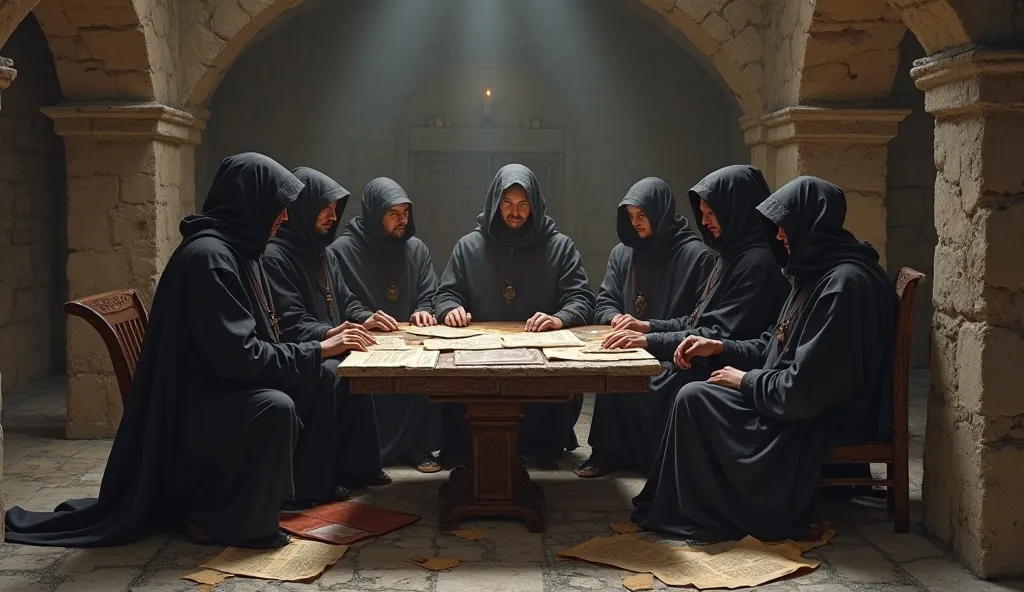 GROUP OF MONKS IN A ROOM TALKING ABOUT A SECRET MEDIEVAL PLAN