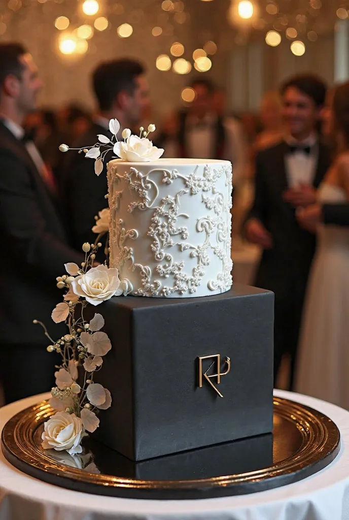  hyperrealism: cube cake two levels; Pastel de Bajo Black, simulating a tuxedo. CYLINDRICAL, white with white arabesques in high relief simulating a wedding dress. The letter R is written in front of the cake on the base&P in glossy black acrylic mirror In...