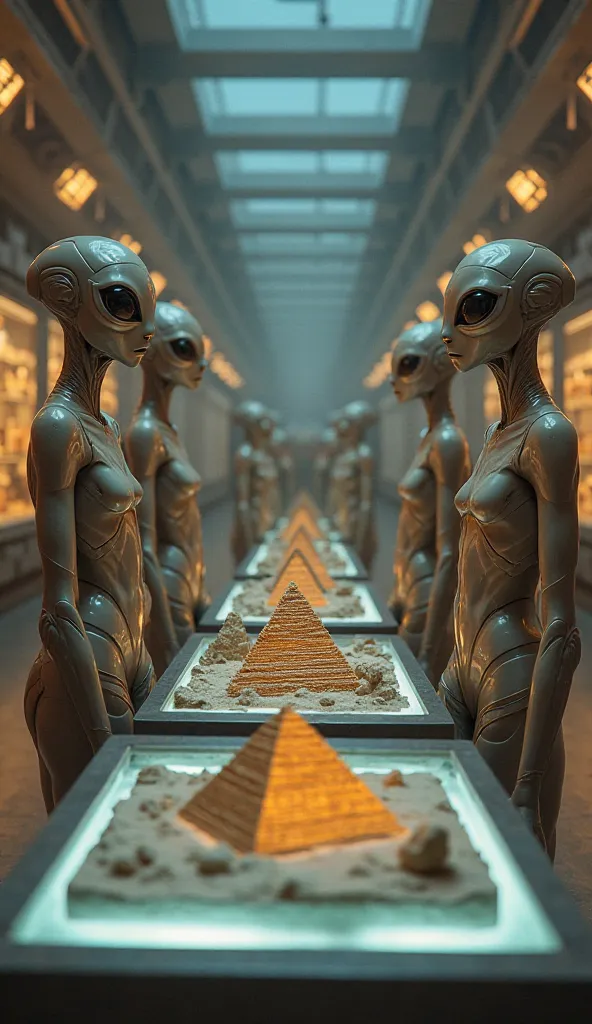 "A futuristic alien museum where several extraterrestrial beings are observing ancient artifacts. Among the artifacts, there are three miniature Egyptian pyramids displayed prominently. The scene is illuminated with soft, mysterious lighting, and the alien...