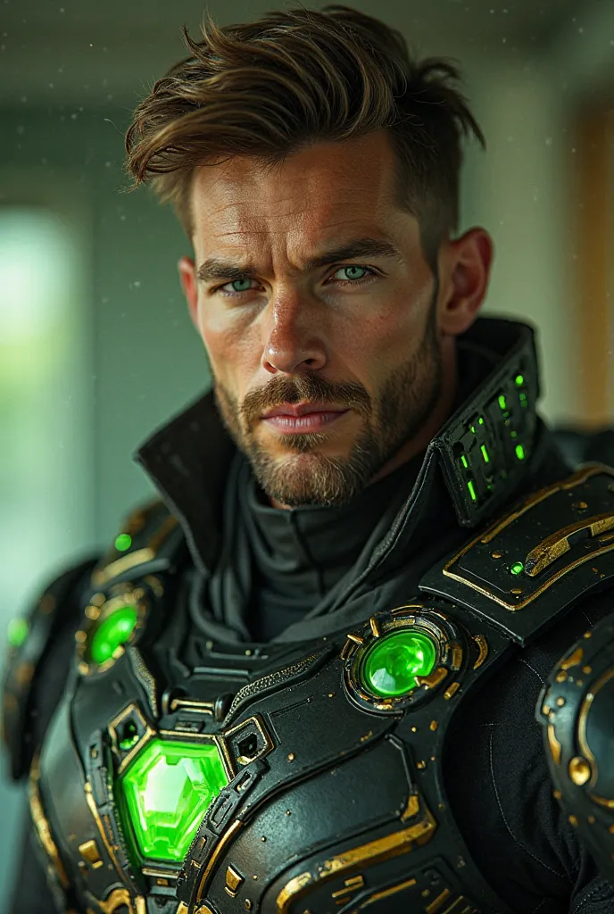 Handsome, brown-haired ,  modern, Short ,  stylish hair ,  sparkling eyes ,  muscular shield man in black and gold green cyberpunk cosplay suit, vivid neon accents,  intricate armor details , dramatic shadows ,  fierce facial expression ,  futuristic vibe ...