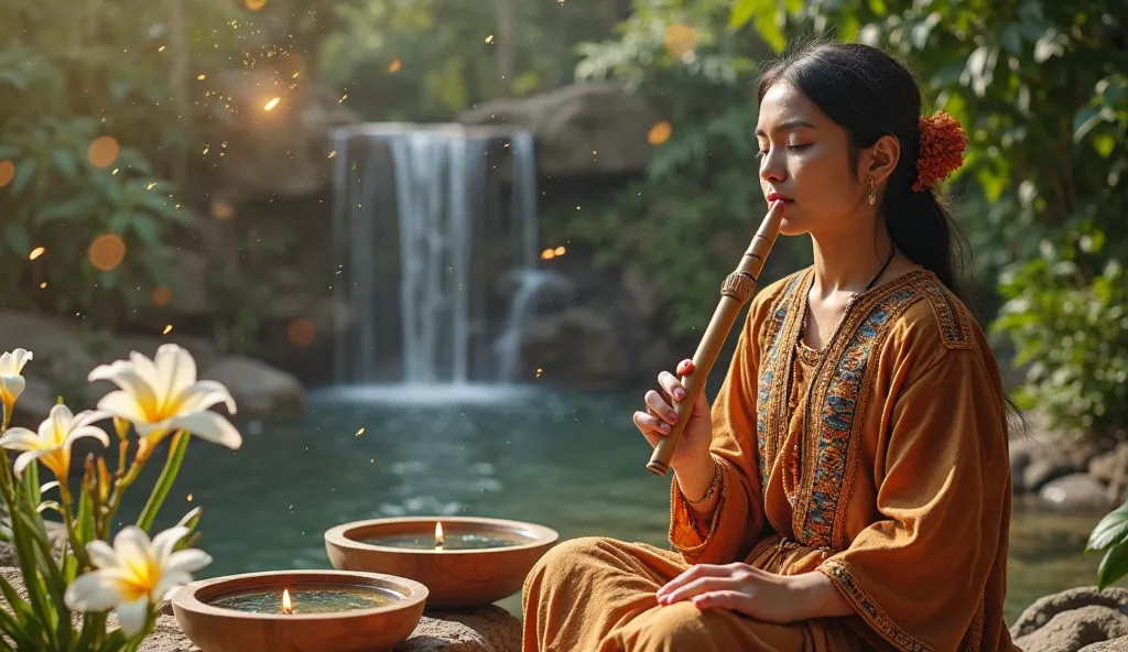 "A young lady, , Wear a traditional earthy tunic with details inspired by Mexican culture. He is seated in a Zen environment, surrounded by a garden with lush vegetation and a background of soft waterfalls. In front of him, two wooden bowls with crystal cl...