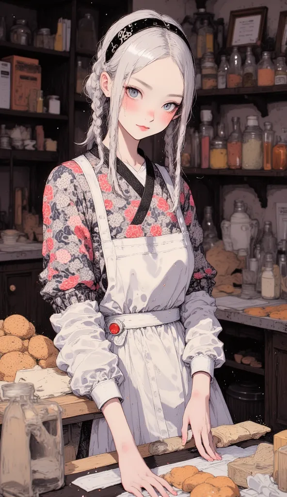 masterpiece、Clear Details、Complex Details、 1girl 、Pointed ears、Blue Eyes、short hair、silver hair、 Black Hair Band 、 Medium Chest 、 Qi Liu Hai、White nails、Red Eyeliner、 Traditional Media 、single braid、long braids、Smile、indoor、bakery、white apron、Lace Pants、 P...