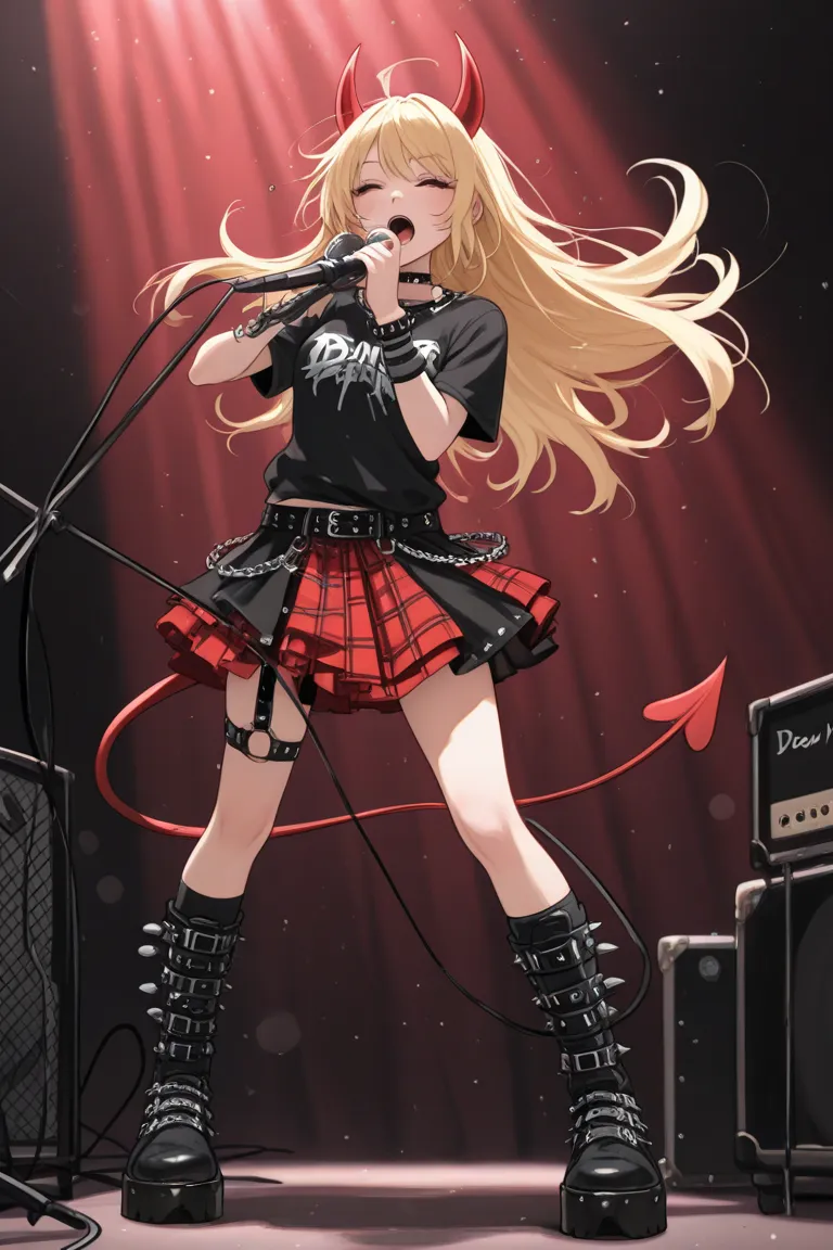 a punk, female ,blonde, long hair ,girl ,singing an emotive song , with devil red horns, in a show, full body