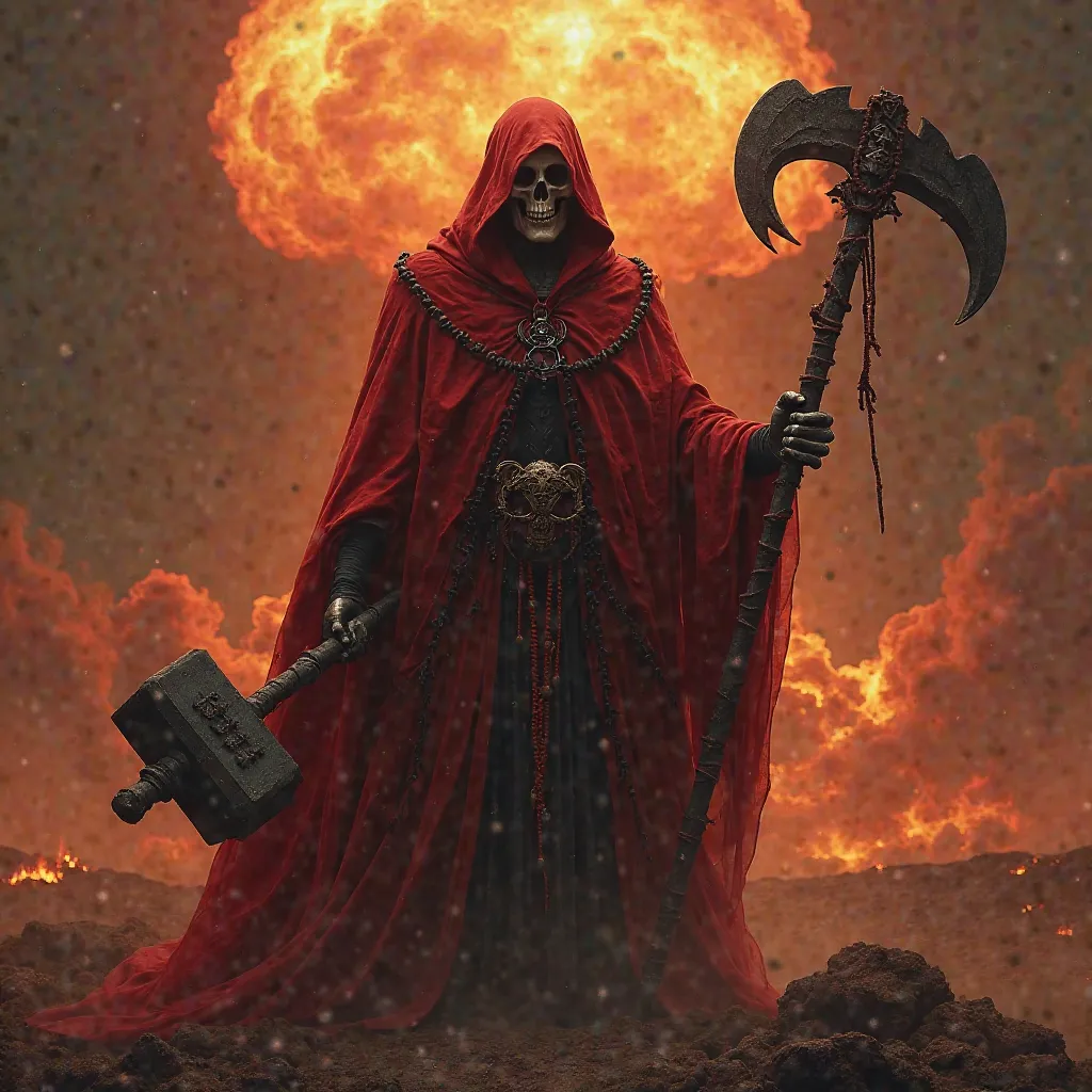 Grim Reaper with Hammer and Sickle, red cloak, nuclear background