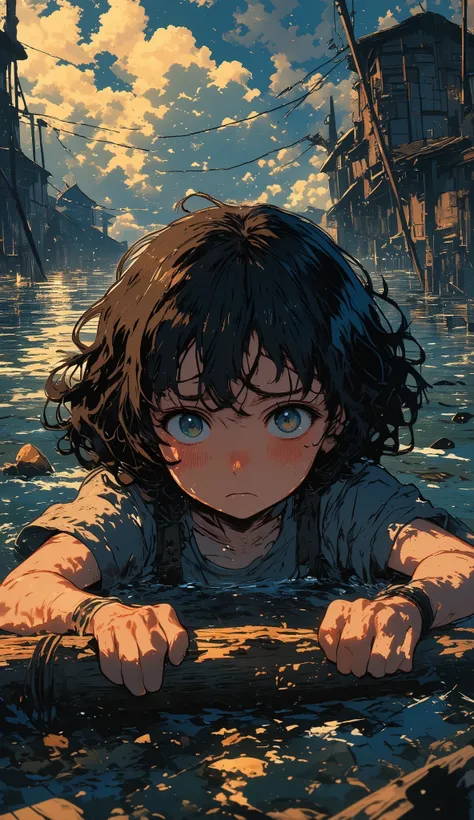 A deeply emotional Studio Ghibli-style illustration of a young girl trapped in murky floodwaters, her tired but determined eyes staring forward. Her short, curly black hair is wet and clings to her face, while her pale hands grip a wooden beam, showing sig...