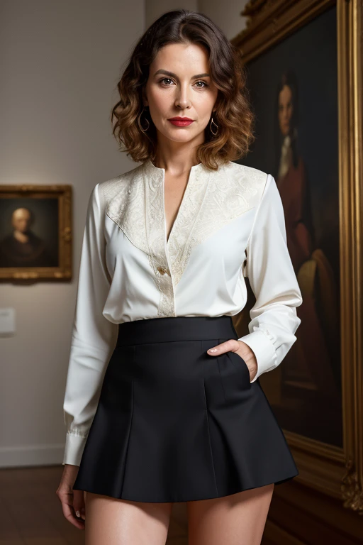 photorealistic photo of philcunk, A mature woman in a light blouse and a dark jacket ,  short skirts, fine lines and wrinkles, standing in a museum, looking at the camera, realistic, (masterpiece:1.1), (Best quality photo:1.1),            beautiful, (intri...