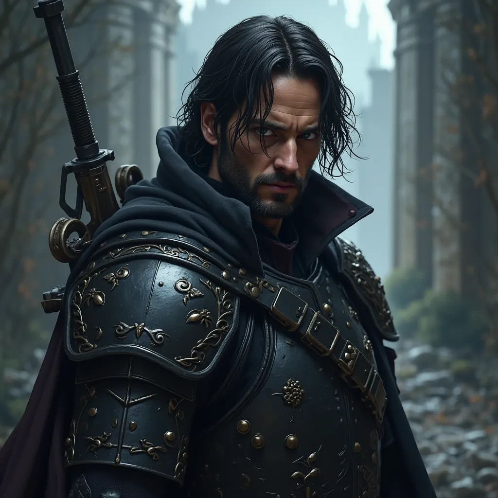 knight john wick, intricate details, cinematic lighting, dramatic portrait, knight protagonist, tactical gear, intense expression, tactical pose, medieval castle background, moody atmosphere, fantasy art, digital painting, 4k, highly detailed, photorealist...