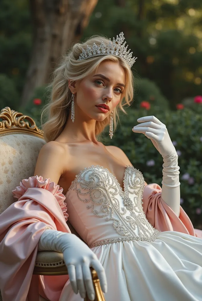 realistic photo of princess and her 3 slave woman: a coquette princess with godlike beauty with blonde hair wearing silver tiara, white gloves, white gown and pink long robe. she have a black woman slaves that serve her as she lays looking elegant and bore...