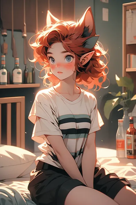 1girl, elven ears, lithe, lean, athletic, tight black shorts with stripes, oversized t-shirt, short red hair, freckles, blush, holding a bottle of vodka, slightly drunk, dorm room, sitting on the bed