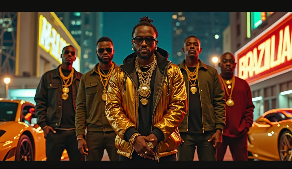 Crie uma miniatura para o videoclipe big dawgs, everyone with their faces covered, night ambience, The scene depicts a group of rappers known as 'Brazilian Gold' in a modern and luxurious urban setting. At the center, the group's leader wears a sophisticat...