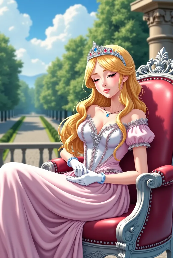 anime photo of princess and her 3 slave woman: a coquette princess with godlike beauty with blonde hair wearing silver tiara, white gloves, white gown and pink long robe. she have a black woman slaves that serve her as she lays looking elegant and bored as...