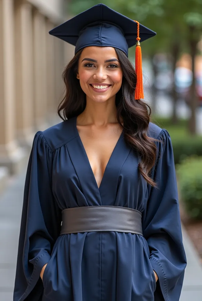 a graduate latina girl wearing a dark blue, lowcut, deep V neck, sleeveless graduation gown, graduation hat, grey sash, (sleeveless cloth)