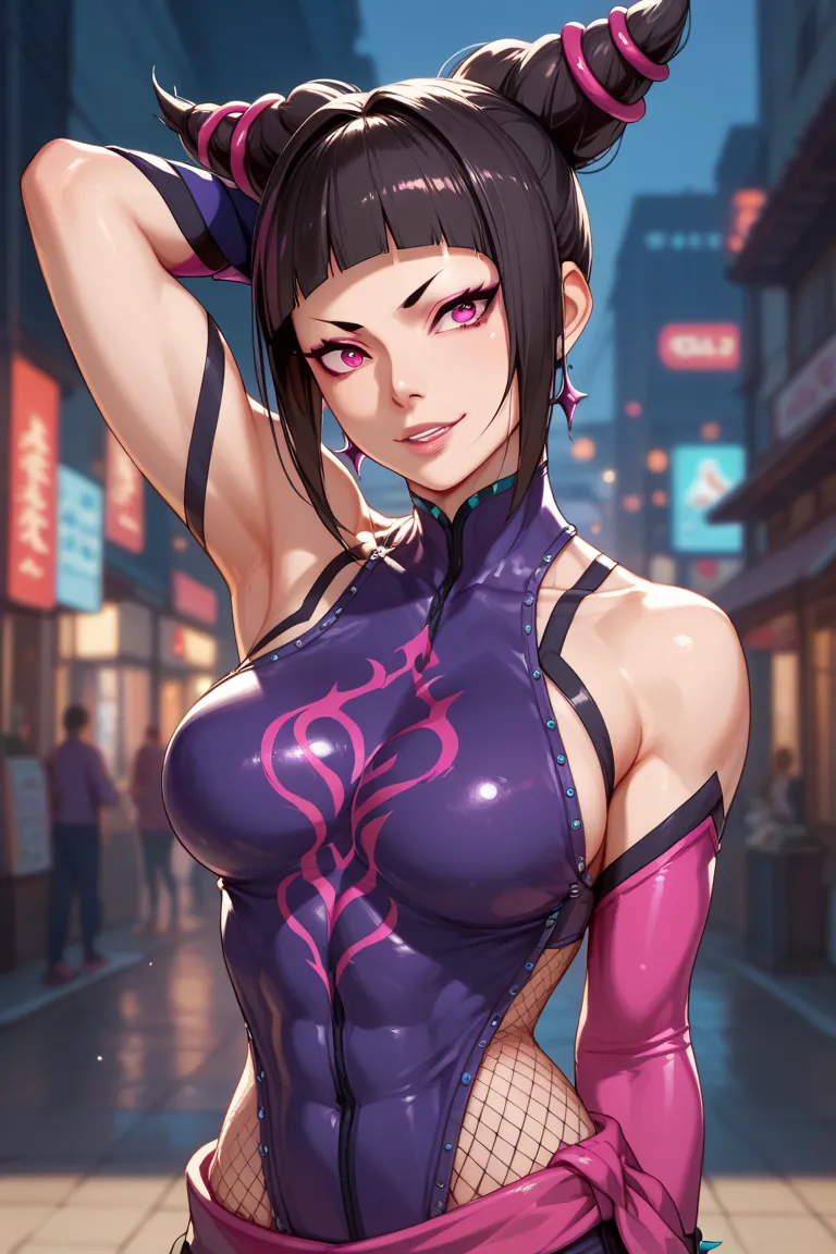  juri、Street Fighter、cool、 dark hair purple mesh、 purple bones around it