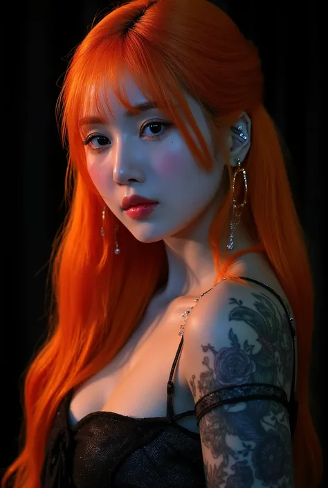 One girl、((tattoos)), Excellent anatomy, masterpiece, Highest quality,Realistic, hyperRealistic, 16k hdr,NSFW、Long orange Hair、Straight Hair、bangs、freckles、high school girl、Slender、Slender body、asian high school girl, huge breasts, cleavage, Lewd, horny, (...