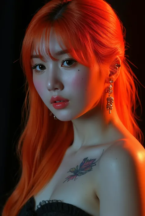 One girl、((tattoos)), Excellent anatomy, masterpiece, Highest quality,Realistic, hyperRealistic, 16k hdr,NSFW、Long orange Hair、Straight Hair、bangs、freckles、high school girl、Slender、Slender body、asian high school girl, huge breasts, cleavage, Lewd, horny, (...