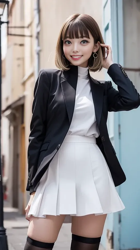 (黒のflare skirt)、(黒のblazer)、(white high neck shirt)、 knee-high tights、 zettairyouiki、standing in front of a gray wall、Medium breast、blonde hair、short bob hair、 layer style、Blue Eyes、smile、Flowing bangs、Messy bangs、cute gorgeous earrings、bracelet、greatest ma...