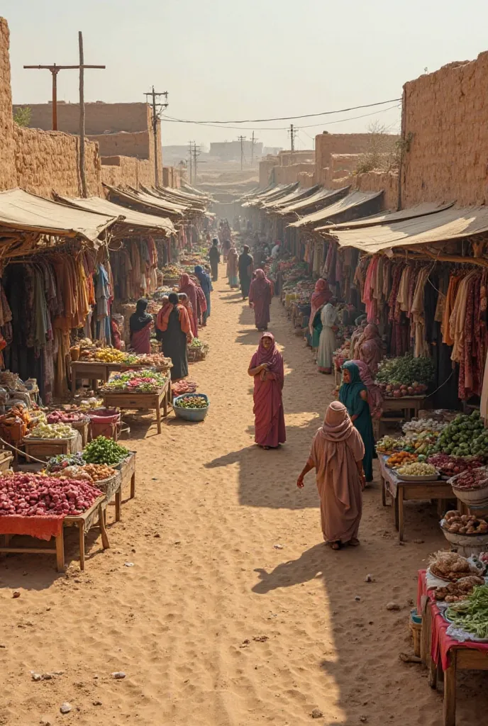 A scene of a popular market in an Egyptian village with many women and men, combining the sale of clothes and vegetables. The area is wide and unpaved, surrounded by simple mud houses. Small shops display clothes on wooden facades and fabrics hanging on ro...