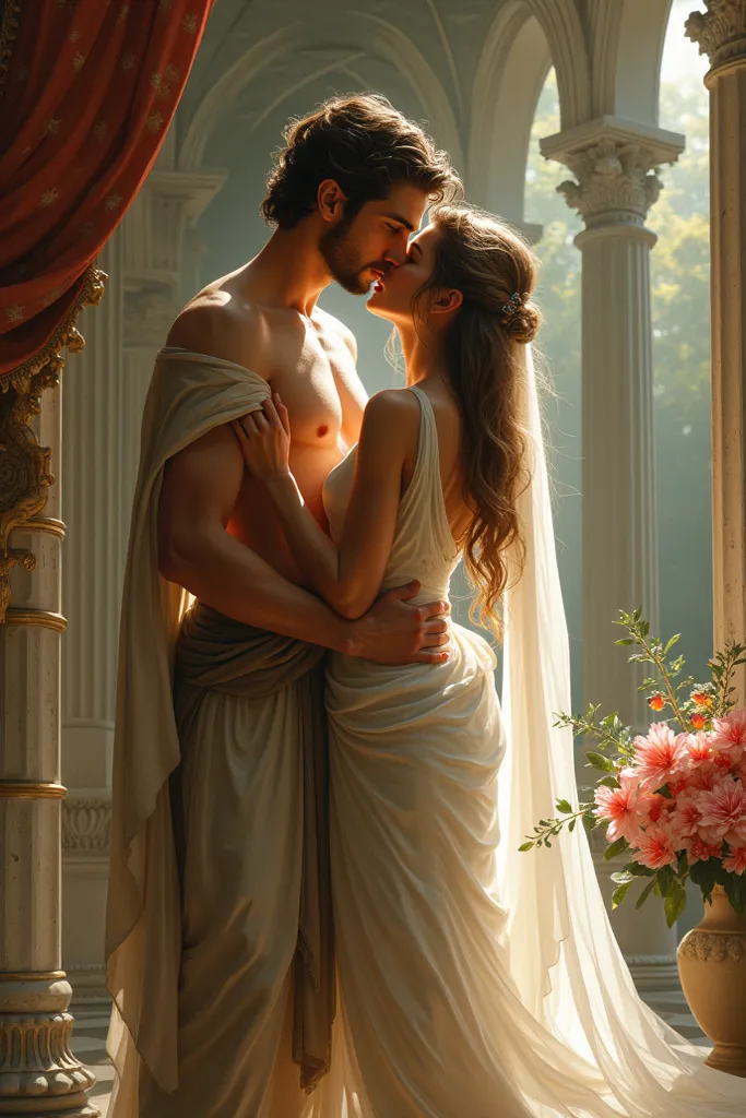 "Pygmalion and his beloved, Now long live , embrace each other and exchange a passionate kiss. He gently holds it , Still incredulous, while she returns the gesture with a loving look. In the background, Venus observes with a subtle smile, satisfied with t...