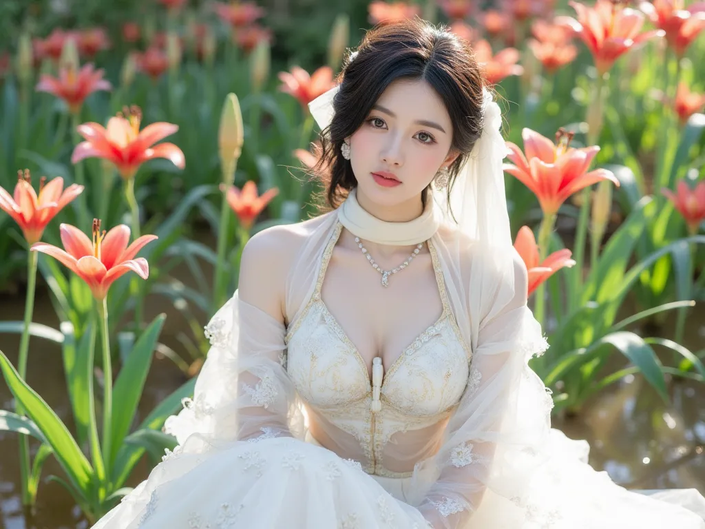 (Super detailed body, Super detailed face, Best quality: 1.2), Beautiful Korean female model upper body, looking at the viewer, (with a translucent white silk scarf around her neck, wearing a luxurious traditional dress of a Japanese girl with white embroi...