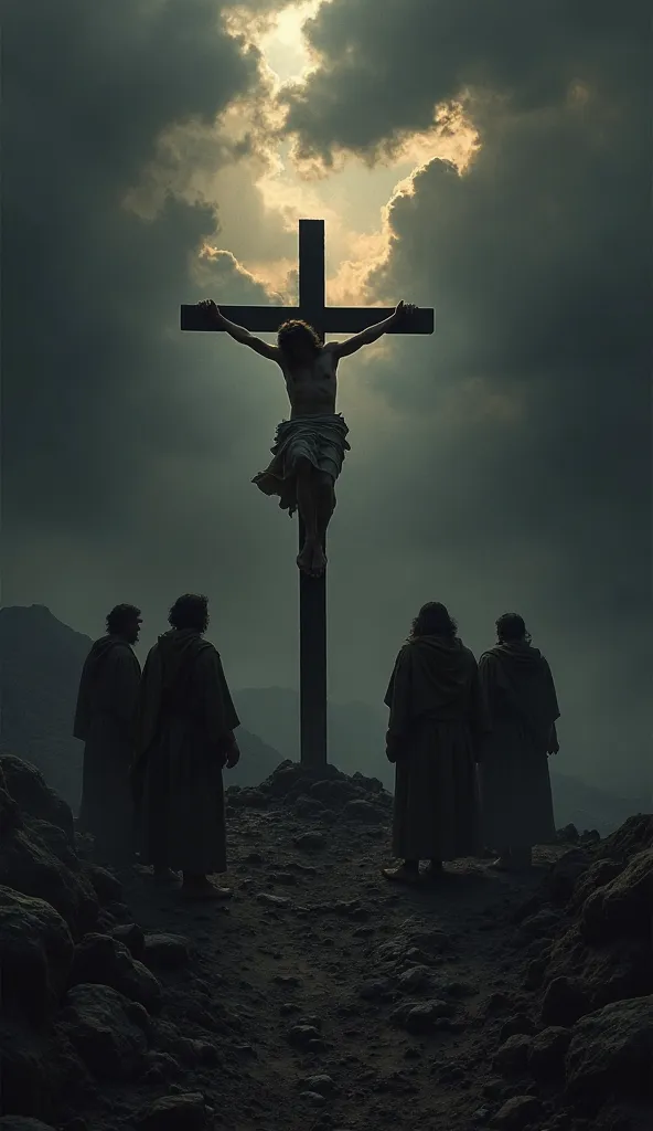 "A dark and dramatic landscape with Jesus crucified in the center, his silhouette illuminated by a faint glow behind the dark clouds. The sky is covered with dense black clouds, with weak rays of light filtering. The earth shows cracks and dust in the air....